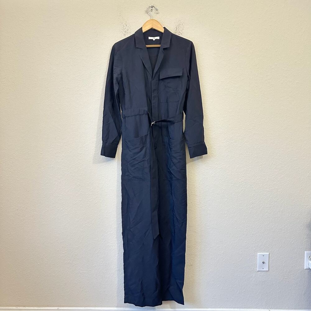 TIBI Jumpsuit Navy Blue Long Sleeve Belted Minimalist Utility Work